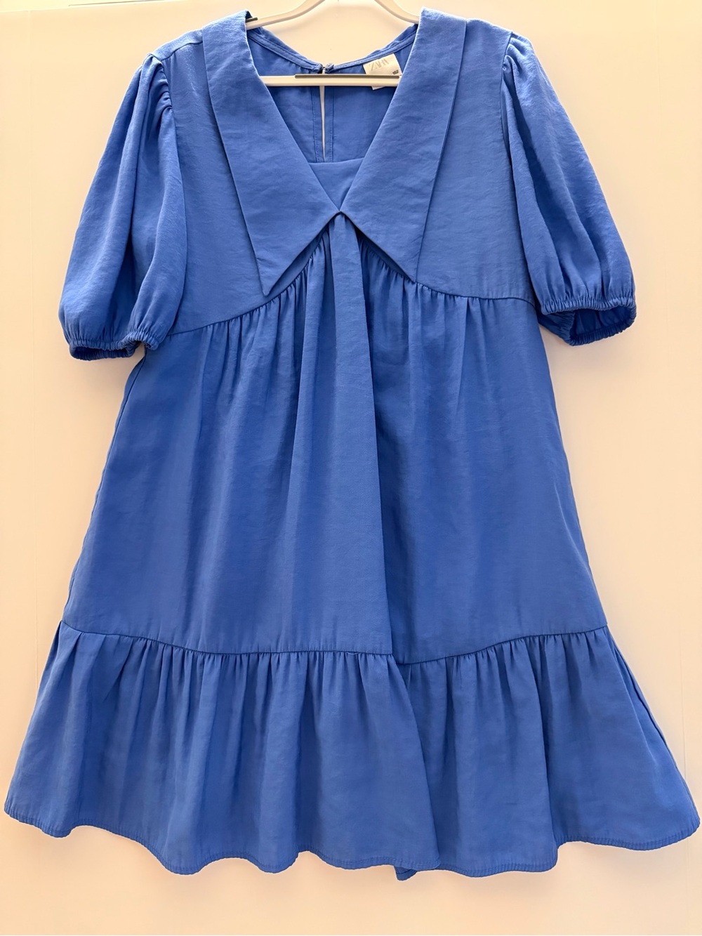 Zara Royal Blue Voluminous Puff-Sleeve Dress with Wide Collar